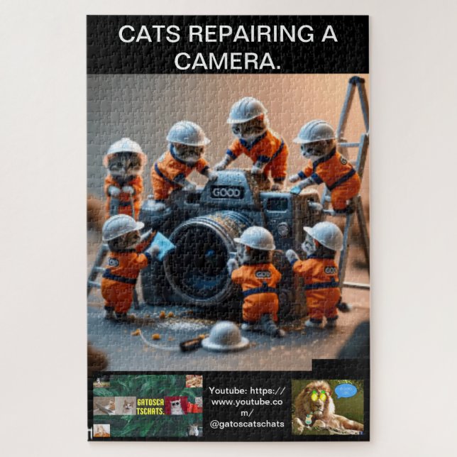Puzzle Cat puzzles, wearing uniforms, repairing a camera. (Vertical)