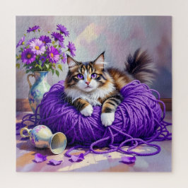 Puzzle Cat with Purple Eyes in Purple Yarn and Flowers