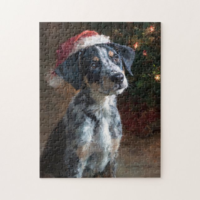 Puzzle Catahoula Leopard Hound Puppy Christmas Painting (Vertical)