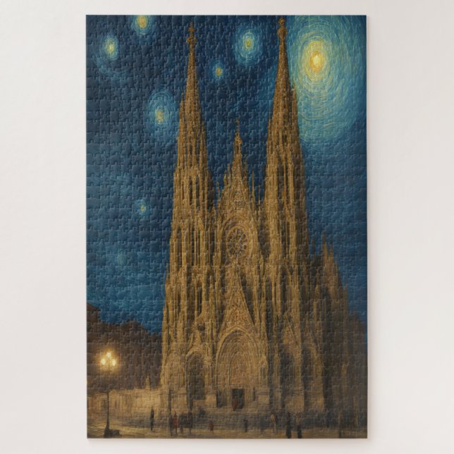 Puzzle Catedral de Barcelona de Noche estilo Van Gogh  (Vertical)