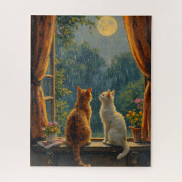 Puzzle Cats looking at the moon and rain