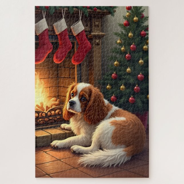 Puzzle Cavalier King Charles junto a la chimenea Navidad (Vertical)