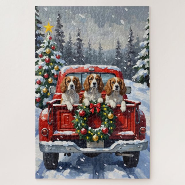 Puzzle Cavalier King Charles Spaniel Christmas Red Truck (Vertical)