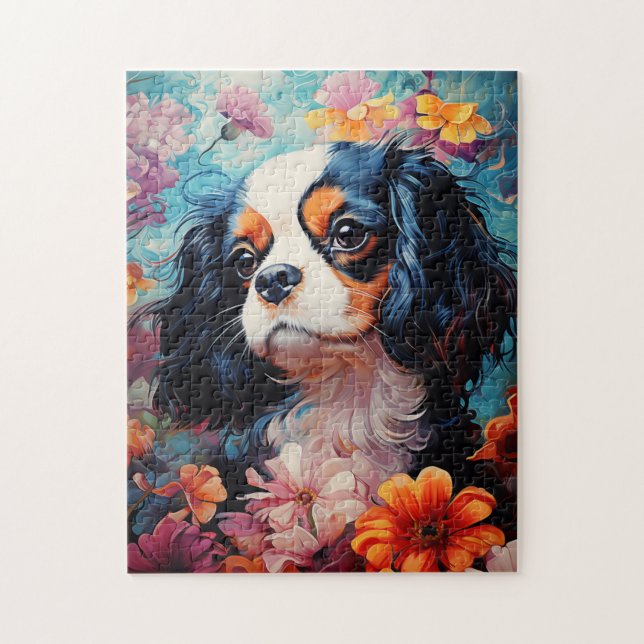 Puzzle Cavalier King Charles Spaniel en flores (Vertical)
