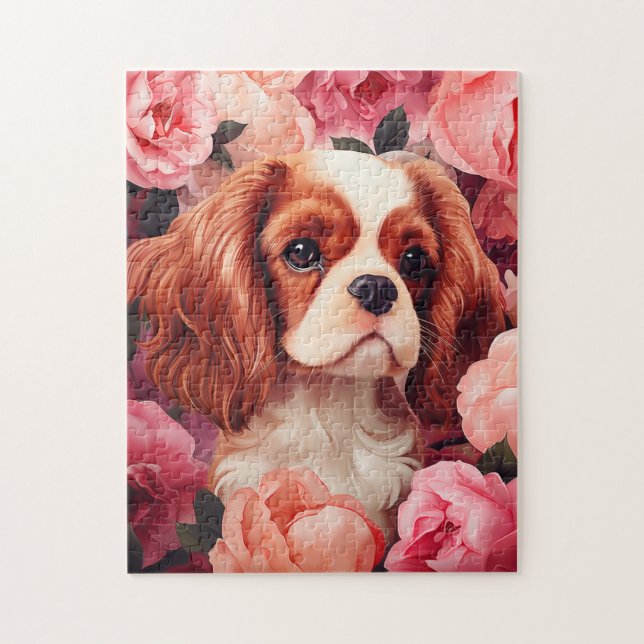 Puzzle Cavalier King Charles Spaniel en Rosas (Vertical)