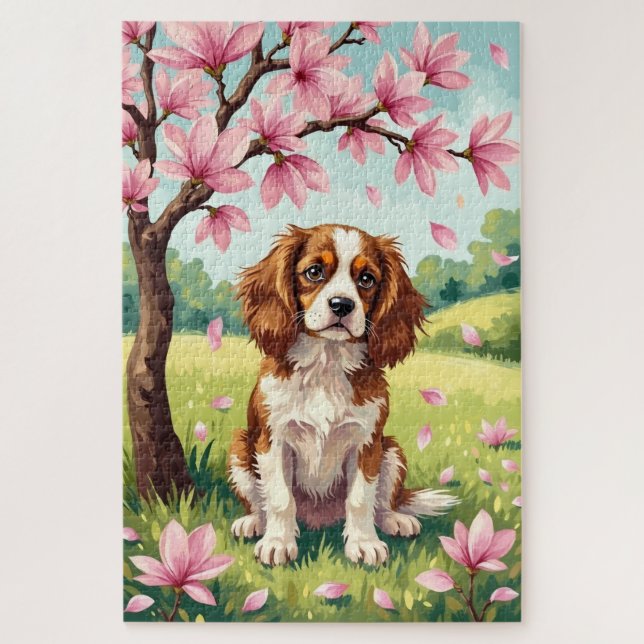 Puzzle Cavalier King Charles Spaniel Flor de Primavera Pe (Vertical)