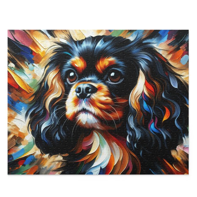 Puzzle Cavalier King Charles Spaniel Negro y Fuego Arte (Black & Tan Cavalier Jigsaw Puzzle. Artistic acrylic style. Available in 30-1014 pieces.)