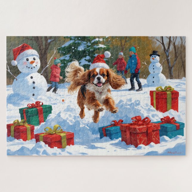 Puzzle Cavalier King Charles Spaniel Nieve con Navidades (Horizontal)