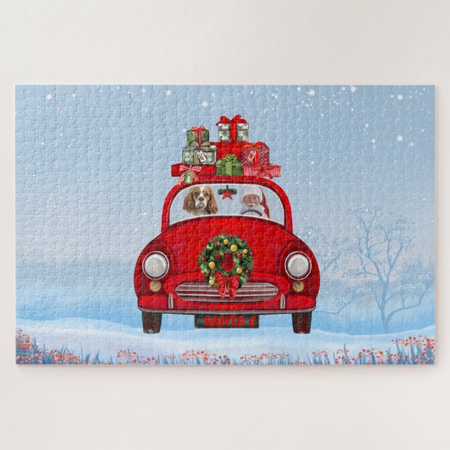 Puzzle Cavalier King Dog En Coche Con Santa Claus (Horizontal)