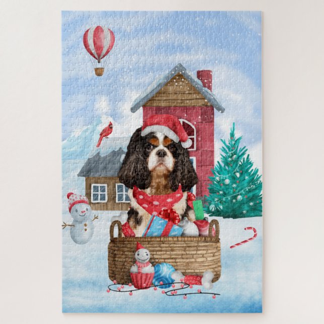 Puzzle Cavalier King Dog en la Casa de Perros de Navidade (Vertical)