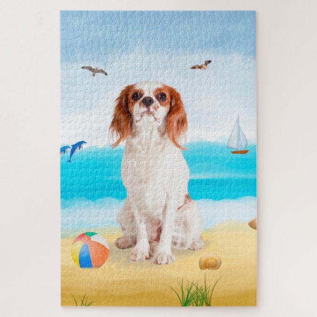 Puzzle Cavalier King Dog en la playa (Vertical)