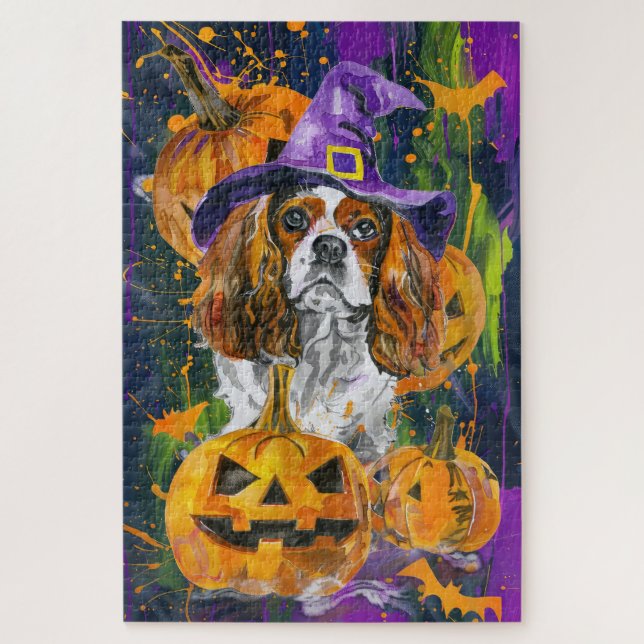 Puzzle Cavalier King Dog Halloween Bruja Y Calabaza (Vertical)