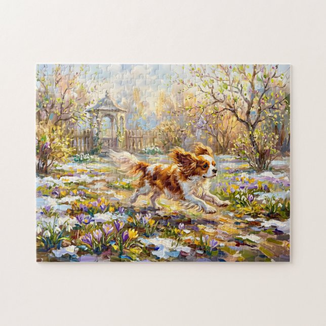 Puzzle Cavalier Spaniel en un jardín de primavera floreci (Horizontal)