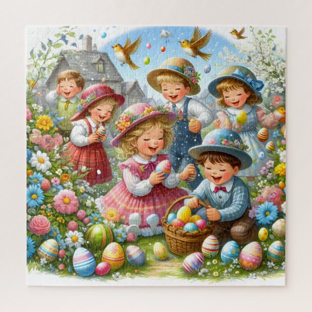 Puzzle Caza de huevos de Pascua: niños, flores y huevos c (Vertical)