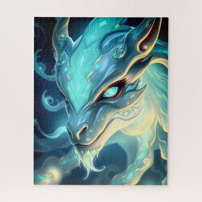 Puzzle Celestial Azure Guardian Dragon with Glowing Eyes (Vertical)