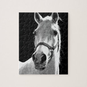 Puzzle Cerco del caballo blanco negro en la noche