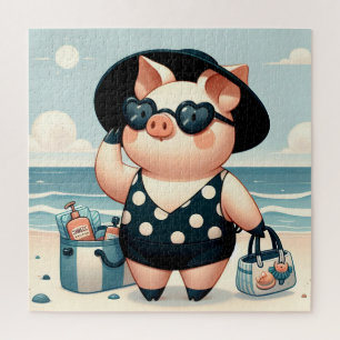Puzzle Cerdito lindo en traje de baño de lunares en la pl
