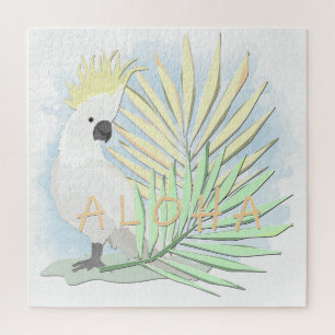 Puzzle Cerdo de loro blanco con hojas de palma.