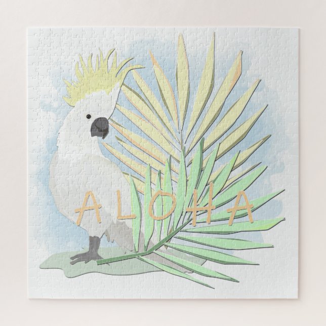 Puzzle Cerdo de loro blanco con hojas de palma. (Vertical)