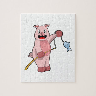 Puzzle Cerdo en pesca con caña y pescado