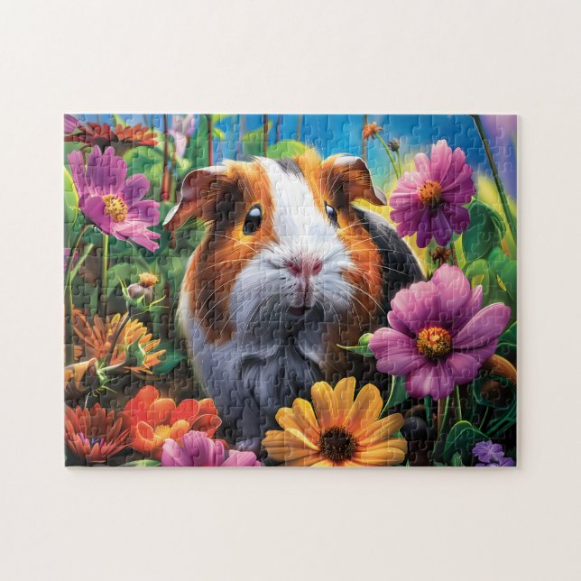 Puzzle Cerdo guineano entre flores vibrantes (Horizontal)