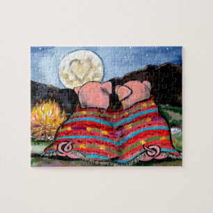 Puzzle Cerdos en una luna romántica en blanco cubren arte