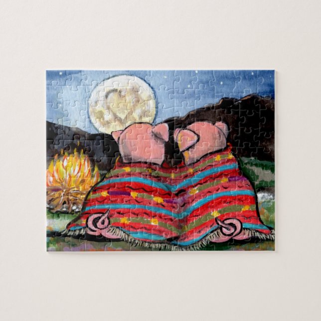 Puzzle Cerdos en una luna romántica en blanco cubren arte (Horizontal)