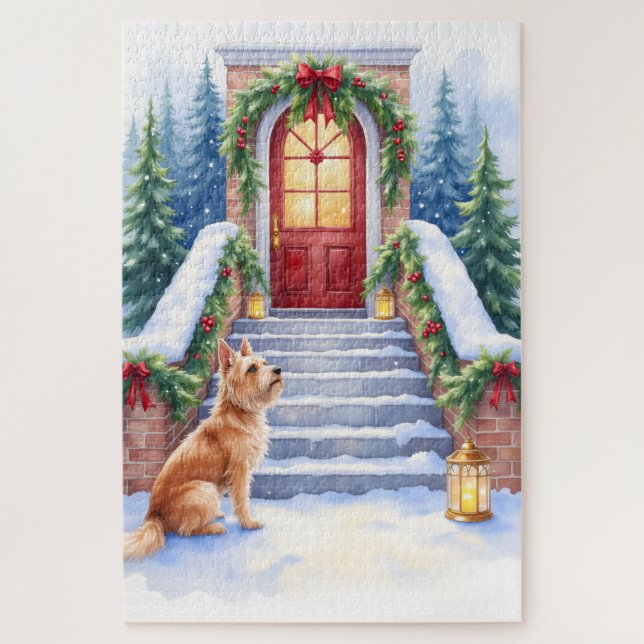 Puzzle Cesky Terrier Snowy Staircase Christmas Art (Vertical)