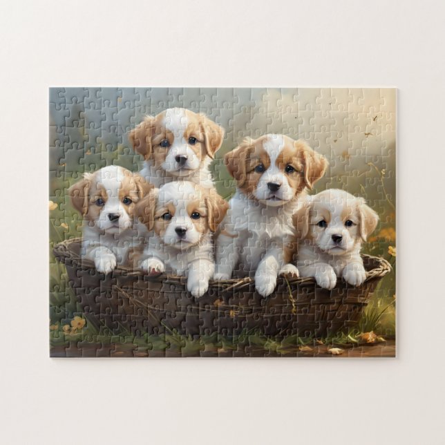 Puzzle Cesta de cinco cachorros lindos (Horizontal)