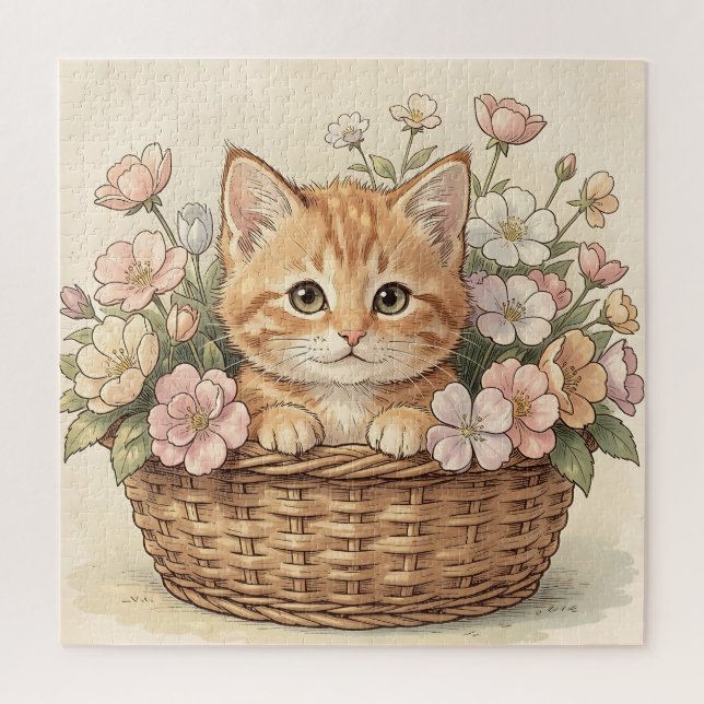 Puzzle Cesta de flores con adorable gatito ginger (Vertical)