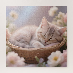 Puzzle Cesta Floral de Gatito Dormido Soñador