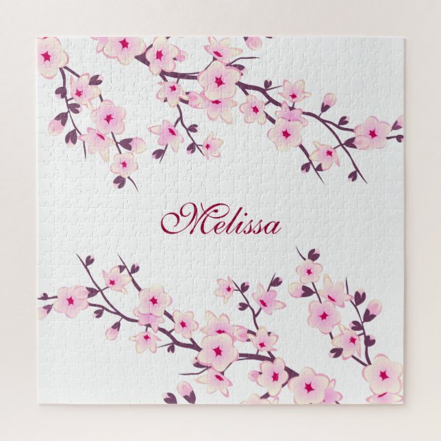 Puzzle Cherry Blossoms Monogram Pink White (Vertical)