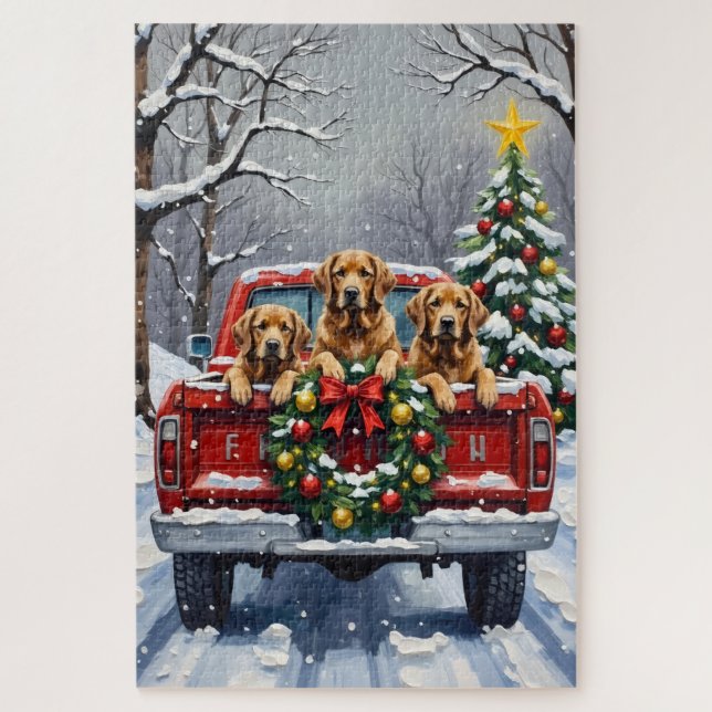 Puzzle Chesapeake Bay Retriever Christmas Red Truck  (Vertical)