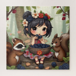 Puzzle Chibi Fairy Eating Blackberries with Forest Friend