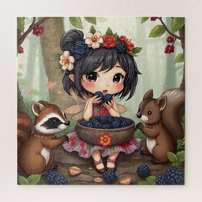 Puzzle Chibi Fairy Eating Blackberries with Forest Friend (Vertical)