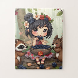 Puzzle Chibi Fairy Eating Blackberries with Forest Friend