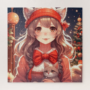Puzzle Chica anime bonita sosteniendo gatito Navidad