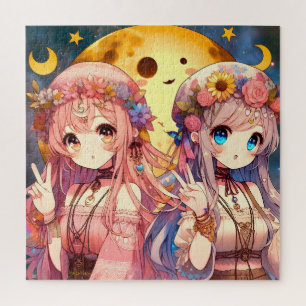 Puzzle Chica Anime Hippie Luna Chicas Dando Signo de Paz