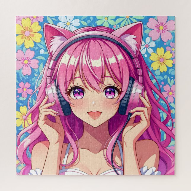Puzzle Chica anime rosa linda con auriculares (Vertical)