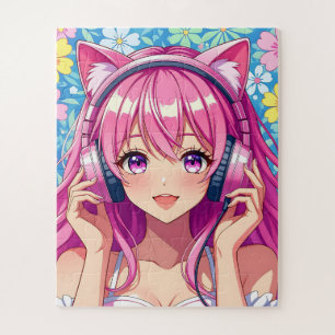 Puzzle Chica anime rosa linda con auriculares