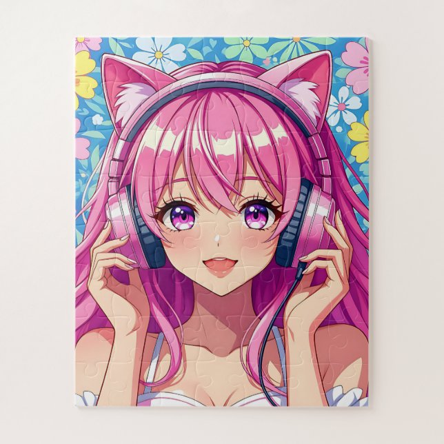 Puzzle Chica anime rosa linda con auriculares (Vertical)