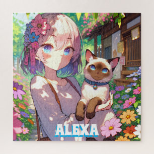 Puzzle Chica anime y gato siamés personalizado
