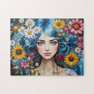 Puzzle Chica capilar azul con flores pinta goteo