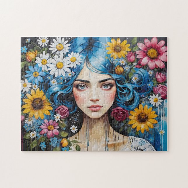 Puzzle Chica capilar azul con flores pinta goteo (Horizontal)
