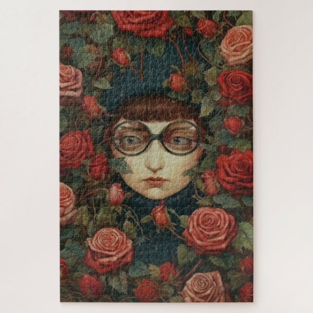 Puzzle Chica con gafas rodeadas de rosas (Vertical)