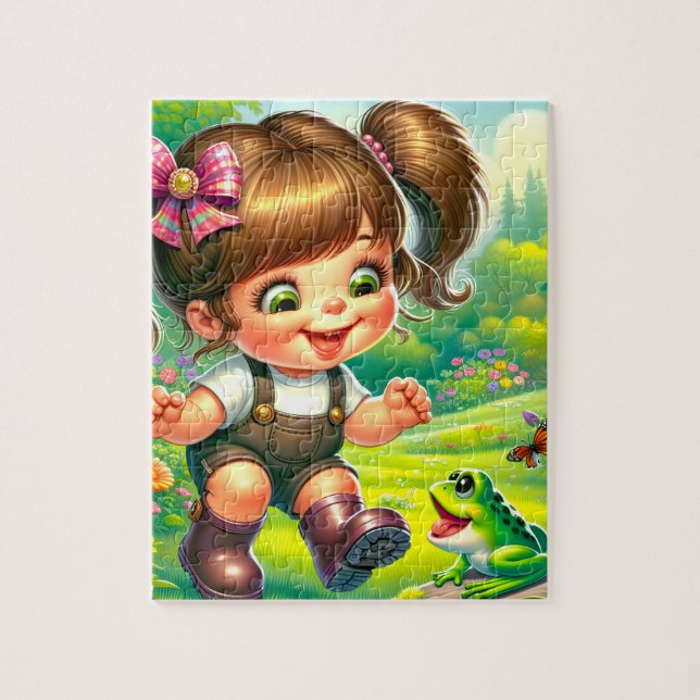 Puzzle Chica con ojos grandes y rana verde (Vertical)