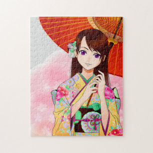 Puzzle Chica Cuidado En Kimono Floral Rosa Con Paraguas R