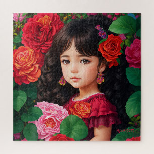 Puzzle Chica Cuto Con Flores Rosa Rojas