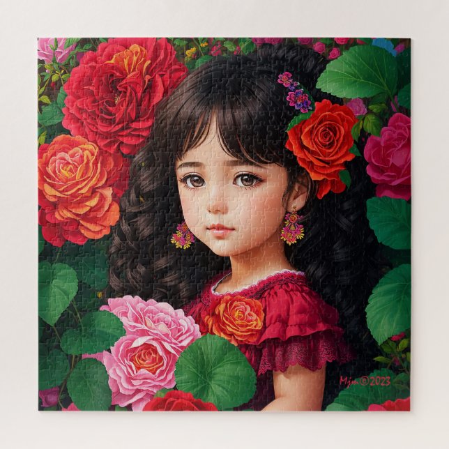 Puzzle Chica Cuto Con Flores Rosa Rojas (Vertical)
