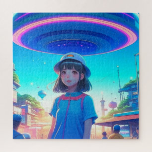 Puzzle Chica de anime bajo un OVNI en la ciudad